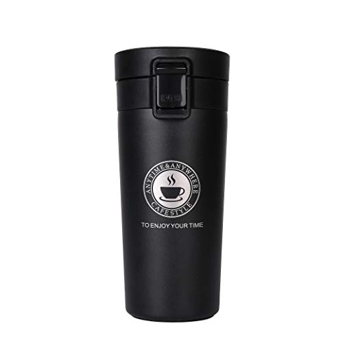 QIMEI-SHOP Termo,Termo de Café Matraz de Acero Inoxidable Aislado Diseño a Prueba de Fugas para Bebidas Frías y Calientes Bebidas té Café Agua 380ML Negro