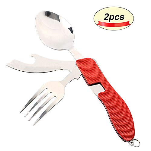 QitinDasen 2Pcs Premium 4 en 1 Cubiertos Camping Plegable, Vajilla Camping Plegable, Multifuncional Acero Inoxidable Cubiertos Kit Cuchillo Tenedor Cuchara Abrebotellas (Rojo)