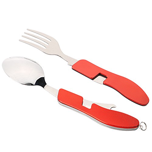 QitinDasen 2Pcs Premium 4 en 1 Cubiertos Camping Plegable, Vajilla Camping Plegable, Multifuncional Acero Inoxidable Cubiertos Kit Cuchillo Tenedor Cuchara Abrebotellas (Rojo)