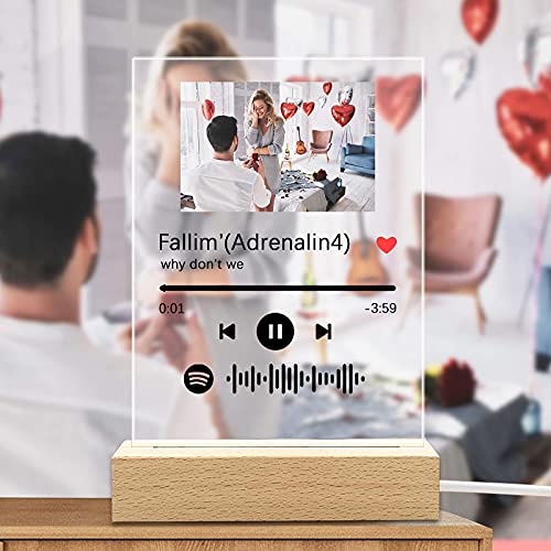 Q&K Arte de Vidrio de Spotify Personalizado Música Placa con ​Luz de Noche,Placa de Foto de Código de Spotify Escaneable Personalizada,Regalos para Novio, Novia, Tu Madre