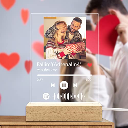 Q&K Arte de Vidrio de Spotify Personalizado Música Placa con ​Luz de Noche,Placa de Foto de Código de Spotify Escaneable Personalizada,Regalos para Novio, Novia, Tu Madre