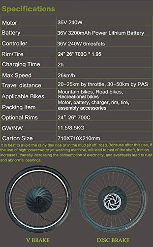 QMRePow 36V 250W Imortor Todo En Uno Bicicleta Eléctrica Motor De La Rueda 20" 24" 26" 27.5"700C 29" Kit De Conversión De Bicicletas USB con Batería Imotor (Color : V Wire Control, Size : 24 in)