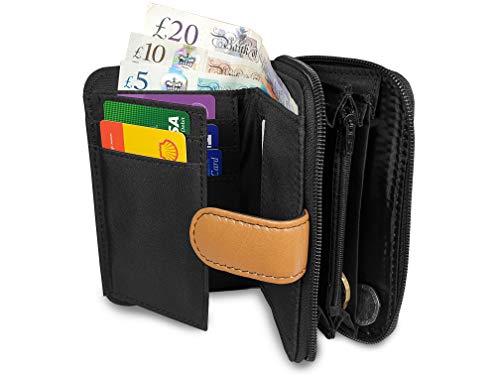 Quenchy London Monedero de Cuero Verdadero, Bloqueo RFID y NFC de 2 Secciones con Cremallera, 5 Bandejas de Moneda, Cartera Dama, 6 Ranuras para Tarjetas Débito y Crédito 14 cm x 10 x 3 - QL841