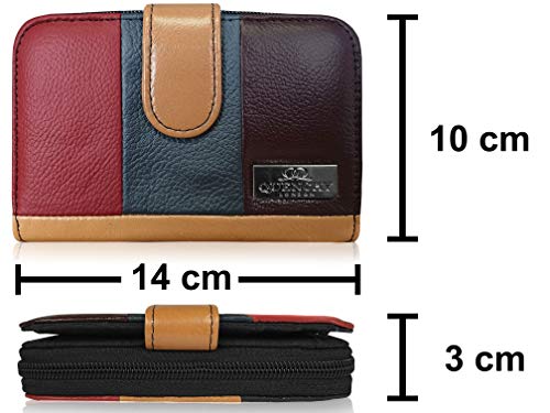 Quenchy London Monedero de Cuero Verdadero, Bloqueo RFID y NFC de 2 Secciones con Cremallera, 5 Bandejas de Moneda, Cartera Dama, 6 Ranuras para Tarjetas Débito y Crédito 14 cm x 10 x 3 - QL841