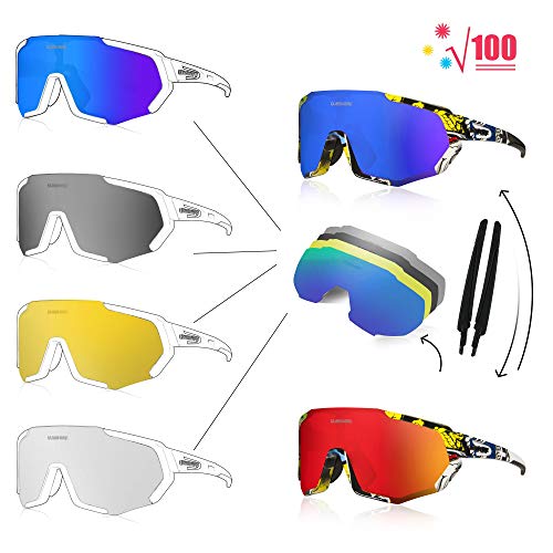 Queshark Gafas Ciclismo CE Certification 1 Polarizadas 4 HD Lentes Intercambiables UV 400 Gafas,Corriendo,Moto MTB Bicicleta Montaña,Camping y Actividades al Aire Libre para Hombres y Mujeres TR-90