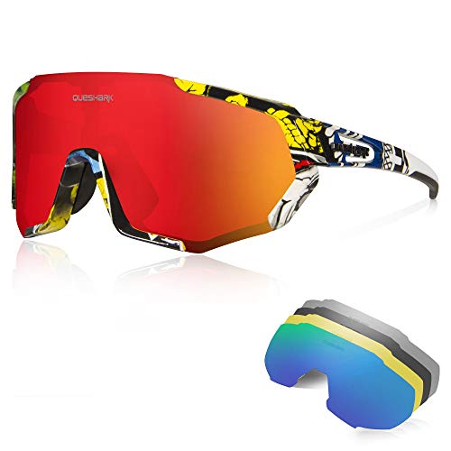 Queshark Gafas Ciclismo CE Certification 1 Polarizadas 4 HD Lentes Intercambiables UV 400 Gafas,Corriendo,Moto MTB Bicicleta Montaña,Camping y Actividades al Aire Libre para Hombres y Mujeres TR-90