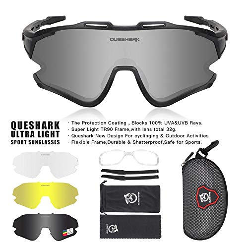 Queshark Gafas Ciclismo Deportivas con Montura MTB TR90 Gafas de Bicicleta para Hombres Mujeres con 1 Polarizadas 3 HD Lentes Intercambiables Anti-UV400 QE0051