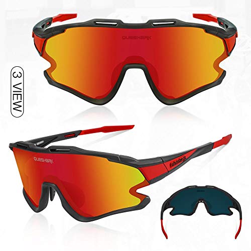 Queshark Gafas Ciclismo Deportivas con Montura MTB TR90 Gafas de Bicicleta para Hombres Mujeres con 1 Polarizadas 3 HD Lentes Intercambiables Anti-UV400 QE0051