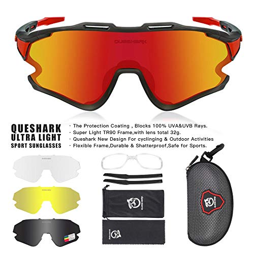 Queshark Gafas Ciclismo Deportivas con Montura MTB TR90 Gafas de Bicicleta para Hombres Mujeres con 1 Polarizadas 3 HD Lentes Intercambiables Anti-UV400 QE0051