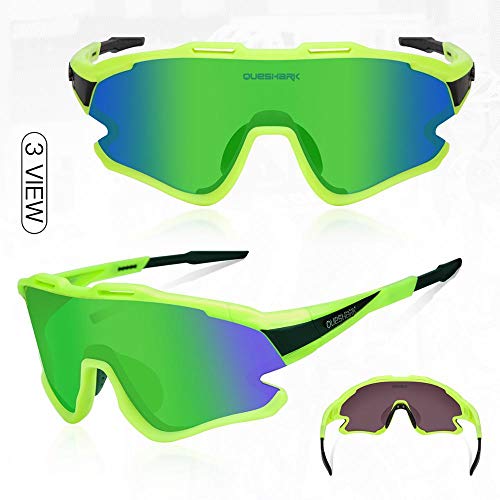 Queshark Gafas Ciclismo Deportivas con Montura MTB TR90 Gafas de Bicicleta para Hombres Mujeres con 1 Polarizadas 3 HD Lentes Intercambiables Anti-UV400 QE0051