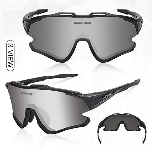 Queshark Gafas Ciclismo Deportivas con Montura MTB TR90 Gafas de Bicicleta para Hombres Mujeres con 1 Polarizadas 3 HD Lentes Intercambiables Anti-UV400 QE0051