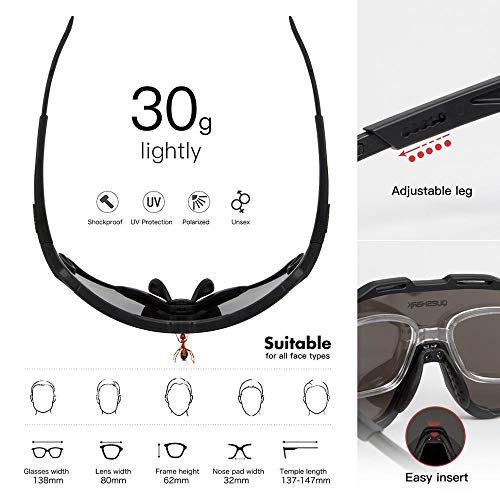 Queshark Gafas Ciclismo Deportivas con Montura MTB TR90 Gafas de Bicicleta para Hombres Mujeres con 1 Polarizadas 3 HD Lentes Intercambiables Anti-UV400 QE0051