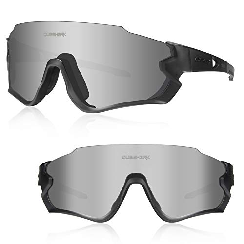 Queshark Gafas de Ciclismo para Hombre Mujer Bicicleta de Carretera 1 Lente Polarizada 3 HD UV400 Lente QE45 (Negro)