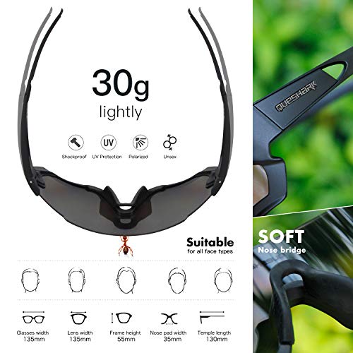 Queshark Gafas de Ciclismo para Hombre Mujer Bicicleta de Carretera 1 Lente Polarizada 3 HD UV400 Lente QE45 (Negro)