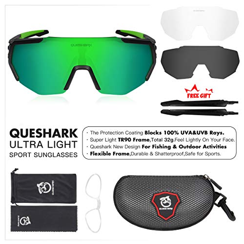 Queshark Gafas De Sol Polarizadas para Ciclismo con 3 Lentes Intercambiables, Protección UVA & UVB, Bicicleta de Carretera MTB Gafas de Ciclismo,Certificación CE