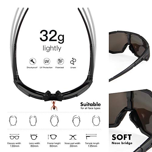 Queshark Gafas De Sol Polarizadas para Ciclismo con 5 Lentes Intercambiables, Protección UVA & UVB, Bicicleta de Carretera MTB Gafas de Ciclismo,Certificación CE