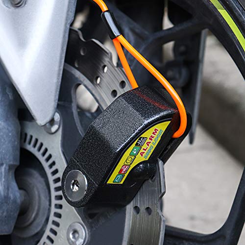 QWORK Candado Moto con 110dB Alarma, Bloqueo de Disco de Rueda de Seguridad antirrobo con Cable recordatorio de 1.5m y Pasador de Bloqueo de 7 mm