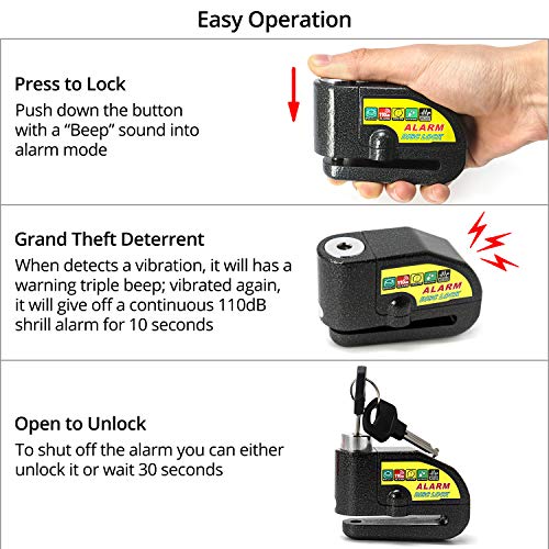 QWORK Candado Moto con 110dB Alarma, Bloqueo de Disco de Rueda de Seguridad antirrobo con Cable recordatorio de 1.5m y Pasador de Bloqueo de 7 mm