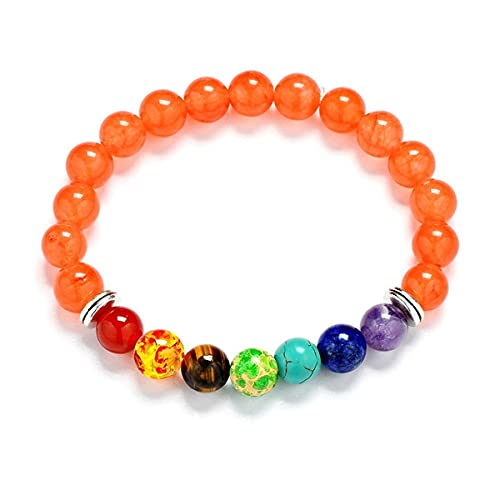 QYAQ Pulsera De Piedra para Mujer,7 Chakra Naranja Natural Ágata Piedra Pulsera De Cuentas Elástico Colorido Cuentas Brazalete Moda Boho Yoga Señora Joyería Regalo para Novia Mamá