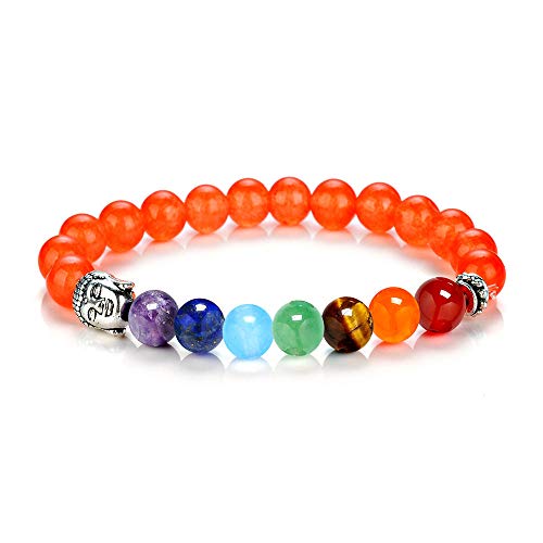 QYAQ Pulsera De Piedra para Mujer,7 Chakra Naranja Natural Ágata Piedra Pulsera De Cuentas Elástico Colorido Cuentas Brazalete Moda Boho Yoga Señora Joyería Regalo para Novia Mamá