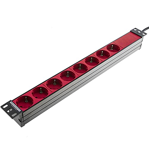 RackMatic - Regleta de enchufes Rojos para Armario Rack 19" 1U con 8 schuko permanentes