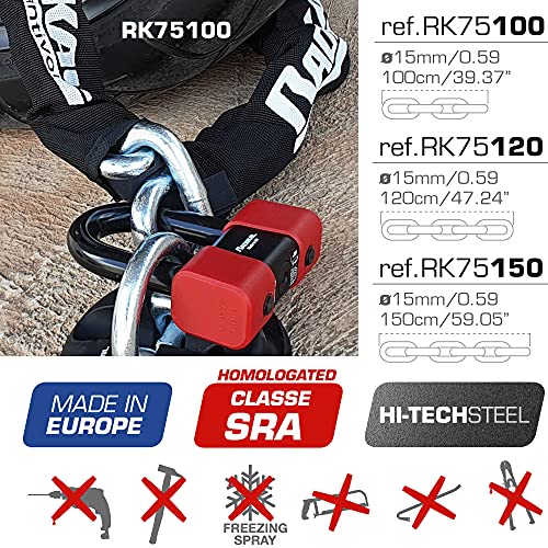 RADIKAL RK75100 Candado de disco + Cadena de alta seguridad Antirrobo para motocicleta Homologado CLASSE SRA, 100cm, Fabricado en Europa