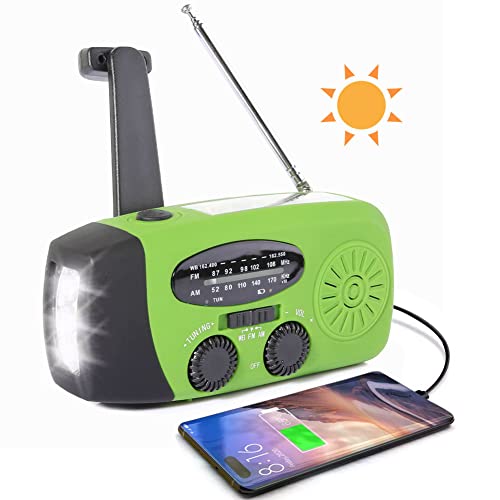 Radio de manivela, 2000 mAh Radio de Emergencia para Acampar al Aire Libre Radio con energía Solar Am/FM con antorcha función, Verde