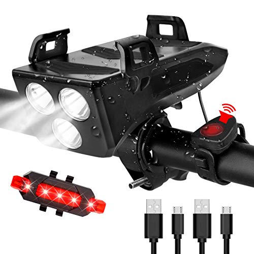 RaMokey Luz Bicicleta, Luces Bicicleta Delantera y Trasera Recargable USB, Luz Bici de Montaña, 4000 mAh luz Bicicleta Delantera, Luces Bicicleta Linterna Bicicleta con Soporte para Teléfono