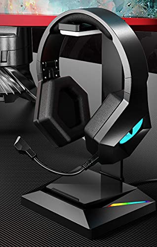 Rampi Peripherals Soporte Cascos Gaming RGB de Aluminio. Soporte para Cargar Auriculares de Mesa con Puertos USB - USB C y Luces led