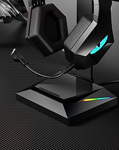 Rampi Peripherals Soporte Cascos Gaming RGB de Aluminio. Soporte para Cargar Auriculares de Mesa con Puertos USB - USB C y Luces led