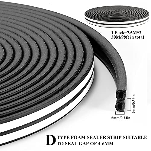 RATEL Tira de Sellado Junta de 30 m(4 x 7.5 m), Goma burlete para Puerta Ventana colisiones Resistente al Agua Autoadhesiva con 1 tijera Antigolpes Prevenga el Ruido Tipo D Negro
