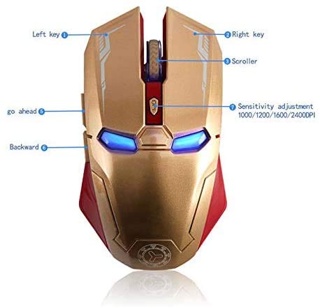 Ratón inalámbrico para videojuegos, 6 botones, silencioso, Iron Man, 2,4 G, con nanorreceptor USB para escritorio, portátil, PC, 3 niveles de ajuste de DPI (dorado)