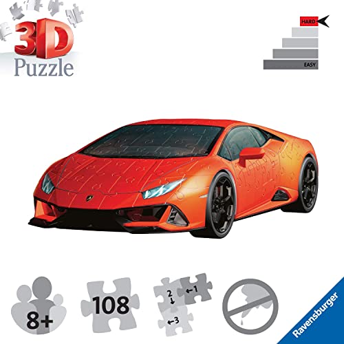 Ravensburger - Puzzle 3D, Lamborghini Huracán Evo, Edad Recomendada 8+, 108 Piezas - Dimensiones: 25 x 12 x 7 cm