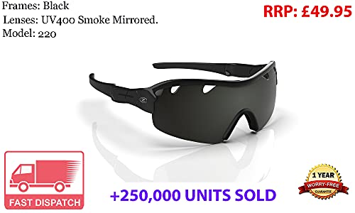 Rayzor profesionales ligeros UV400 Negro Deportes Wrap ciclismo Gafas de sol, con una pieza 1 con ventilación ahumado espejo antideslumbrante lente.