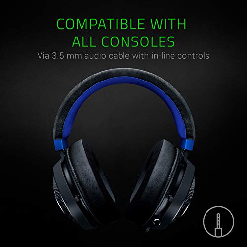 Razer Kraken para Consolas Auriculares Gaming con Cable, Compatible con PC, PS4, Xbox One, Nintendo Switch con controlador de 50 mm, micrófono retráctil y almohadillas de gel, Color Azul y Negro