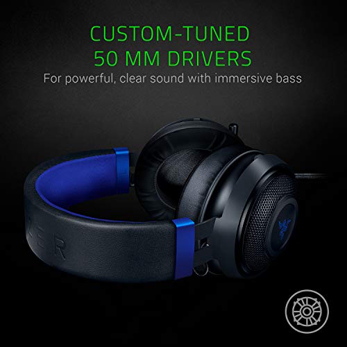 Razer Kraken para Consolas Auriculares Gaming con Cable, Compatible con PC, PS4, Xbox One, Nintendo Switch con controlador de 50 mm, micrófono retráctil y almohadillas de gel, Color Azul y Negro