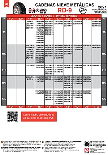 RD9 - Cadenas de nieve metálicas RD9 mm, talla Nº 90, set 2 uds, guantes incluidos