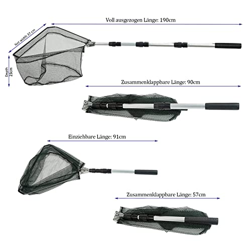 Red de Pesca de Acero Inoxidable Triangular Plegable -1,9 m Mango largo telescópico Extensible -Red a Prueba de Enredos,Herramientas limpias para niños,del Acuario,estanques Objetos flotantes,pájaros