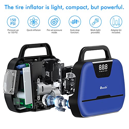 Reesibi Compresor de Aire Portátil, 12V 220V, 10.3 Barras / 150 PSI, Bomba de Aire Digital Eléctrica con luz LED para Automóviles, Motocicletas, Esfera, Bicicletas, Azul - Enchufe de la UE