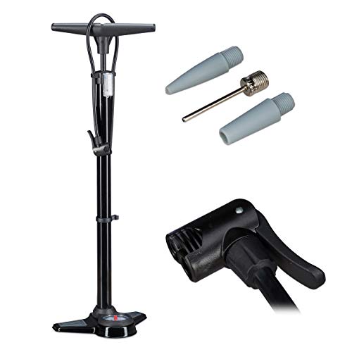 Relaxdays Bomba Bicicletas de Pie Profi Universal con Manómetro, Doble Cabezal y Adaptadores para Válvulas, Negro, 70 cm