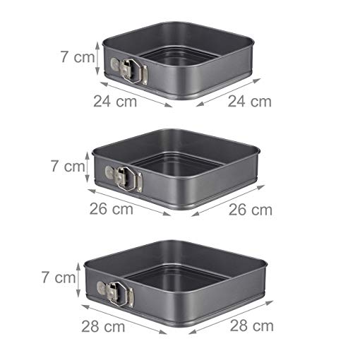 Relaxdays Set de Tres moldes para bizcocho, Cuadrados, Antiadherentes, Desmontables, Acero al Carbono, 24, 26 & 28 cm