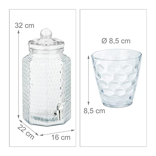 Relaxdays Set Dispensador Bebidas 4 litros con Grifo y Soporte, Jarra Cristal Grande, 4 Vasos, Dosificador, Transparente, 1 Pieza