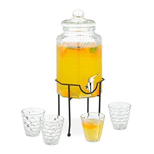 Relaxdays Set Dispensador Bebidas 4 litros con Grifo y Soporte, Jarra Cristal Grande, 4 Vasos, Dosificador, Transparente, 1 Pieza