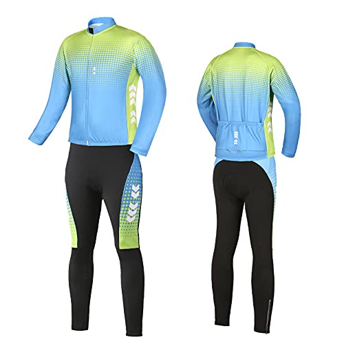 Relaxyee Ropa Ciclismo Hombre de Invierno, Ciclismo Maillot Hombres con 4D Acolchado de Gel, Cálido y Transpirable, Cómodo de Llevar (Verde y Azul, L)