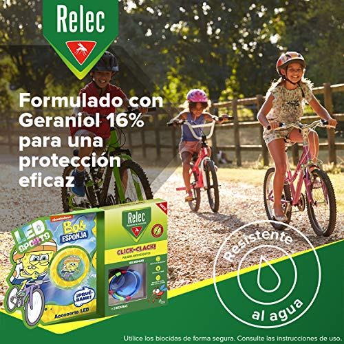 Relec Relec Pulsera Antimosquitos Bob Esponja Ciclismo | Eficaz Contra El Mosquito Tigre. Resistente Al Agua | Contiene 2 Recargas | Duración 2 Meses 150 g