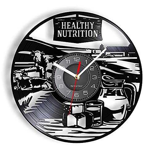 Reloj de pared con luz de fondo LED de nutrición saludable hecho de disco de vinilo real con leche productos lácteos pradera luminoso reloj de pared rancher regalo noche iluminación