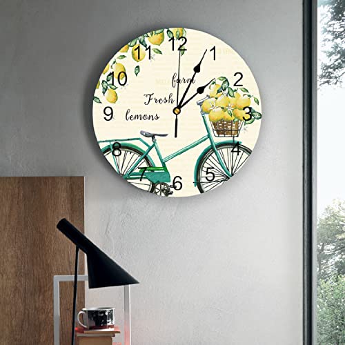 Reloj de Pared Redondo de Bicicleta de limón con Frutas, diseño Moderno, decoración de Sala de Estar para el hogar, Reloj de Mesa de Cocina para habitación de niños-12inch（30cm）