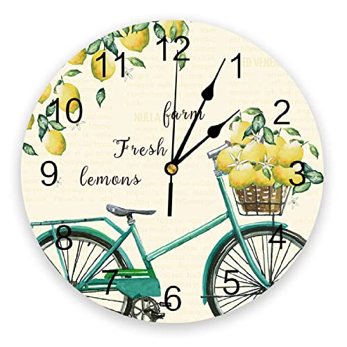 Reloj de Pared Redondo de Bicicleta de limón con Frutas, diseño Moderno, decoración de Sala de Estar para el hogar, Reloj de Mesa de Cocina para habitación de niños-12inch（30cm）