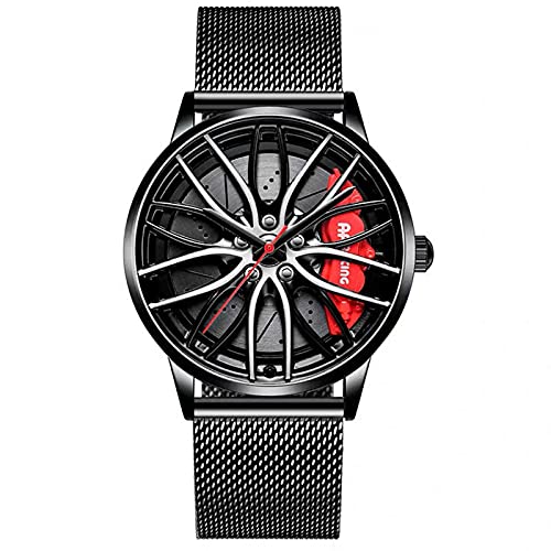 Reloj de pulsera creativo para hombre, reloj de pulsera para llantas de coche, reloj de pulsera, reloj deportivo resistente al agua, con rueda de coche, de cuarzo, Aguja de redecilla negra