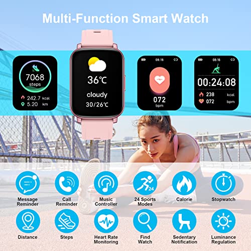 Reloj Inteligente Mujer, 1.69" Smartwatch con Pulsómetro Monitor de Sueño, Pulsera Actividad Inteligente 24 Deportivos Calorias Podómetro Cronómetros Impermeable IP68 Reloj Digital Android iOS Rosa